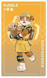 1boy animal_ears backpack bag barefoot black_gloves black_shirt border box brown_eyes cat character_name claws collar dog_boy dog_ears dog_tail fangs fingerless_gloves flying_sweatdrops furry furry_male gloves heart helmet highres holding holding_box looking_at_viewer male_focus mixed-language_text open_mouth orange_background paw_patrol paw_print rakkasei_l rubble_(paw_patrol) shirt shorts tail translation_request trembling vest white_border yellow_helmet yellow_shorts yellow_vest