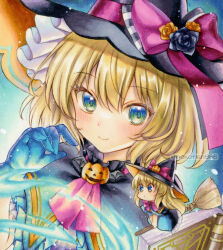 1girl alice_margatroid alternate_costume black_capelet black_flower black_hat black_rose blue_fire blue_gloves blush book bow broom broom_riding capelet closed_mouth commentary doll fire flower gloves halloween_costume hat hat_bow hat_flower jack-o&#039;-lantern looking_at_viewer nekofish666 open_book orange_flower orange_rose pink_bow rose shanghai_doll smile solo touhou traditional_media twitter_username witch_hat