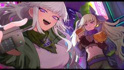 Rule 34 | 2girls, :d, :t, absurdres, black bra, bra, bread, breasts, coat, controller, dual persona, earrings, fishnet top, fishnets, food, food on face, green jacket, green scarf, highres, holding, holding food, holding remote control, jacket, jewelry, katama (k85620232), large breasts, letterboxed, looking at viewer, midriff, multiple girls, navel, open mouth, purple coat, purple eyes, purple scarf, remote control, scarf, shirt, smile, tribe nine, twintails, underwear, white hair, white shirt, yukigaya enoki