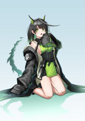 Rule 34 | 1girl, :o, absurdres, ahoge, arknights, bare shoulders, black coat, black hair, blue background, breasts, bright pupils, coat, colored inner hair, emoji, fang, full body, gradient background, green eyes, green hair, highres, huge ahoge, jhini, kneeling, looking at viewer, medium breasts, medium hair, mon3tr (arknights), multicolored hair, off shoulder, open mouth, pouch, sideboob, sleeves past fingers, sleeves past wrists, solo, star of life, tail, underbust, white pupils