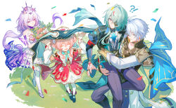 !? 2boys 2girls absurdres anaxa_(honkai:_star_rail) annshiro76 aqua_hair armor bare_shoulders black_jacket blue_cape bouquet cape carrying carrying_person castorice_(honkai:_star_rail) chinese_commentary closed_eyes coat commentary_request dress eyepatch flower gradient_hair grey_hair hand_tattoo hands_up hat highres holding holding_bouquet honkai:_star_rail honkai_(series) hyacine_(honkai:_star_rail) jacket long_hair multicolored_hair multiple_boys multiple_girls one_eye_covered open_mouth pantyhose pauldrons phainon_(honkai:_star_rail) pink_hair purple_hair red_dress red_hat red_tattoo shoulder_armor side_ponytail single_pauldron smile tattoo teeth twintails two-tone_hair walking white_coat white_pantyhose
