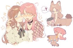 2girls b_cat610 bang_dream! bang_dream!_it&#039;s_mygo!!!!! black_choker blue_eyes blush chihaya_anon choker closed_mouth clothing_cutout commentary fang fox grey_eyes hair_between_eyes hashtag-only_commentary highres long_hair multiple_girls nagasaki_soyo open_mouth pink_hair shirt short_sleeves shoulder_cutout sidelocks simple_background white_background white_shirt yuri
