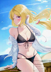 1girl aki_rosenthal bikini black_bikini blonde_hair blue_sky breasts cleavage cloud cowboy_shot day detached_hair drawstring front-tie_bikini_top front-tie_top hair_down highres hololive horizon jacket large_breasts long_hair looking_at_viewer mmmomo_illust multi-strapped_bikini_bottom ocean open_clothes open_jacket outdoors purple_eyes sky solo swimsuit virtual_youtuber white_jacket