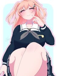 1girl bang_dream! bare_legs black_ribbon blush breasts collarbone crossed_legs hair_ornament hand_on_own_cheek hand_on_own_face highres hiromachi_nanami large_breasts legs looking_at_viewer nfch_05054 pink_eyes pink_hair ribbon school_uniform shirt simple_background sitting skirt solo teeth twintails