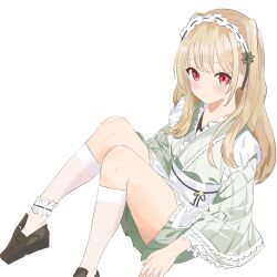 1girl absurdres blonde_hair frilled_kimono frills green_kimono highres japanese_clothes kimono knees_up kogara_toto loafers long_hair maid mea_mememea obi red_eyes ribbon-trimmed_hairband sash shoes simple_background sitting socks solo virtual_youtuber vspo! wa_maid white_background white_sash white_socks wide_sleeves