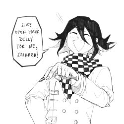 1boy checkered_clothes checkered_scarf closed_eyes danganronpa_(series) danganronpa_v3:_killing_harmony english_text greyscale highres jacket laughing male_focus minominoks monochrome oma_kokichi open_mouth pointing pointing_down scarf short_hair smile solo upper_body