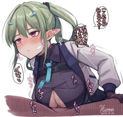 Rule 34 | 1boy, 1girl, android, black gloves, black shirt, black skirt, blue necktie, blush, breast pocket, breasts, button gap, cleavage, closed mouth, clothed female nude male, collared shirt, cropped jacket, dated, dress shirt, ear piercing, elf, gloves, green hair, hair between eyes, hair ornament, hairclip, hetero, hiruno, jacket, large breasts, long hair, long sleeves, lyon (hiruno), necktie, nude, open clothes, open jacket, original, paizuri, paizuri under clothes, penis, piercing, pocket, pointy ears, purple eyes, purple shirt, shirt, signature, simple background, skirt, solo focus, speech bubble, tie clip, twintails, white background, white jacket