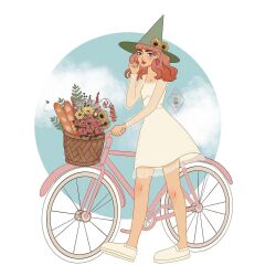 1girl bicycle bread breasts dress flower food green_eyes hand_on_own_face hat highres neia_(honei.studio) original red_hair short_dress simple_background small_breasts white_dress witch_hat