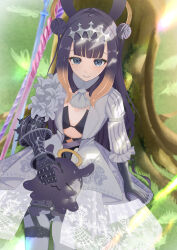 1girl absurdres black_gloves blue_eyes diamond_hairband double_bun dress dress_flower flower gauntlets gloves gradient_hair grass grey_hairband hair_bun hairband halo highres hololive hololive_english looking_at_viewer mole mole_under_eye multicolored_hair ninomae_ina&#039;nis ninomae_ina&#039;nis_(ina_the_hero) official_alternate_costume official_alternate_hairstyle on_ground orange_hair orange_halo outdoors purple_hair satoti_chang single_gauntlet sitting takodachi_(ninomae_ina&#039;nis) tentacle_hair tree virtual_youtuber white_dress