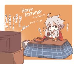 Rule 34 | 1boy, 1girl, ahoge, bad id, bad pixiv id, blazblue, doll, eyepatch, food, fruit, jubei (blazblue), kotatsu, mandarin orange, nu-13, ragna the bloodedge, saria (tortart), silver hair, table, television