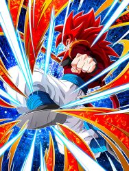 Rule 34 | 1boy, blue eyes, brown fur, dokkan battle, dragon ball, dragon ball gt, gogeta, kicking, looking at viewer, muscular, muscular male, official art, red hair, solo, super saiyan, super saiyan 4, tail