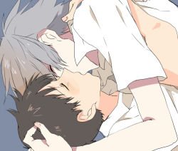 2boys blush brown_hair closed_eyes couple ikari_shinji kiss male_focus multiple_boys nagisa_kaworu naiko neon_genesis_evangelion resolution_mismatch short_hair source_larger white_hair yaoi