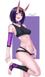 1girl bare_shoulders blush breasts eyeliner fate/grand_order fate_(series) headpiece highres horns looking_at_viewer makeup medium_breasts mrnn navel oni open_mouth purple_eyes purple_hair sharp_teeth short_hair shuten_douji_(fate) skin-covered_horns smile solo stirrup_footwear teasing teeth thighs
