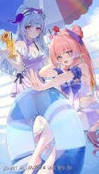 2girls absurdres alternate_costume bare_shoulders blue_hair bow-shaped_hair breasts cleavage closed_mouth colored_tips cup dress genshin_impact glass highres holding holding_cup imasaki_kei looking_at_viewer multicolored_hair multiple_girls navel open_mouth outdoors pink_hair pointy_ears purple_dress sangonomiya_kokomi smile swim_ring twitter_username yumemizuki_mizuki