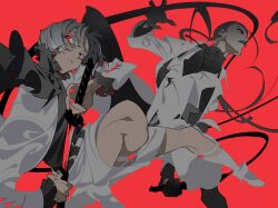 2girls absurdres belt black_belt black_cape black_gloves black_lips black_pants black_shirt boots buttons buzz_cut cape check_copyright claw_pose closed_mouth collared_jacket collared_shirt colored_eyelashes copyright_request expressionless fighting_stance floating frilled_sleeves frills full_body gloves grey_gloves grey_hair high_collar high_heel_boots high_heels highres holding holding_sword holding_weapon jacket katana knee_boots lapels layered_sleeves leg_belt light_frown limited_palette lips lipstick long_hair long_sleeves low_twintails makeup miniskirt multiple_girls notched_lapels open_clothes open_jacket open_mouth original pale_skin pants red_background red_eyes sheath shirt short_hair simple_background skirt stiletto_heels sword thick_eyebrows twintails unsheathing very_long_hair very_short_hair weapon white_belt white_boots white_jacket white_skirt yoneyama_mai
