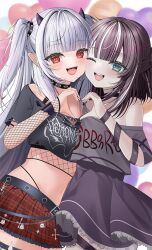 2girls black_choker black_dress black_nails black_shirt blush breasts choker crop_top demon_girl demon_horns dress fallenshadow fishnet_top fishnets green_eyes heart heart_hands horns indie_virtual_youtuber k11iii long_hair looking_at_viewer lucy_pyre medium_breasts multiple_girls nail_polish o-ring o-ring_thigh_strap one_eye_closed pointy_ears purple_hair red_skirt shirt skirt small_breasts smile spiked_choker spikes teeth thigh_strap upper_teeth_only very_long_hair white_hair