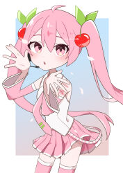 1girl absurdres cherry cherry_hair_ornament detached_sleeves food food-themed_hair_ornament fruit hair_ornament hands_up hatsune_miku headset highres long_hair looking_at_viewer miniskirt necktie norimi_(01norimi28) pink_eyes pink_hair pink_necktie pink_skirt pleated_skirt sakura_miku shirt skirt sleeveless sleeveless_shirt solo thighhighs twintails very_long_hair vocaloid zettai_ryouiki