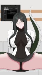 1girl absurdres black_hair black_skirt breasts glasses highres lab_coat large_breasts lizard_tail long_hair looking_at_viewer monster_girl reptile_girl scales scp-682 scp_foundation sitting skirt smile solo spread_legs tail thighs turtleneck underwear yellow_eyes