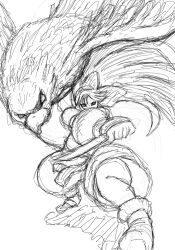 Rule 34 | 1girl, ainu clothes, fighting stance, fingerless gloves, gloves, hair ribbon, long hair, looking at viewer, mamahaha, monochrome, nakoruru, outstretched arm, ribbon, samurai spirits, serious, sketch, snk, squatting, the king of fighters, weapon