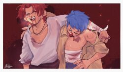 2boys arm_around_shoulder blood blood_on_face blue_hair border brown_shirt buggy_the_clown closed_eyes clown_nose eyelashes highres jewelry male_focus multiple_boys necklace nosebleed one_piece red_background red_hair shanks_(one_piece) shirt short_hair signature vamos_mk white_border white_shirt