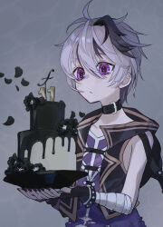 Rule 34 | 1girl, absurdres, ahoge, bandaid, bandaid on arm, birthday, black collar, black hair, black nails, cake, closed mouth, collar, commentary request, fingernails, flower (vocaloid), food, go onnu, grey background, highres, holding, holding plate, looking at food, multicolored hair, plate, purple eyes, purple shirt, shirt, simple background, solo, streaked hair, three-quarter sleeves, two-tone hair, upper body, vocaloid, white hair