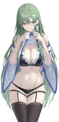 1girl 7saki absurdres bare_shoulders black_bra black_panties black_thighhighs blue_eyes bow bra breasts cleavage closed_mouth clothes_lift commentary_request cowboy_shot detached_sleeves frilled_bra frills frog_hair_ornament garter_belt green_bow groin hair_between_eyes hair_ornament hair_tubes highres kochiya_sanae large_breasts long_hair looking_at_viewer navel no_pants panties shirt shirt_lift simple_background single_hair_tube sleeveless sleeveless_shirt smile snake_hair_ornament solo stomach thighhighs touhou underwear very_long_hair white_background white_shirt white_sleeves wide_sleeves