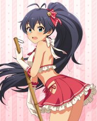 1girl antenna_hair aqua_eyes bamboo_broom bare_shoulders bell black_hair bow breasts broom concept_maihime_(idolmaster) cowboy_shot dot_nose double-parted_bangs elbow_gloves fang frilled_gloves frilled_shirt frilled_skirt frills from_side ganaha_hibiki gloves hair_bell hair_ornament hair_ribbon halter_shirt halterneck hip_vent holding holding_broom idolmaster idolmaster_(classic) idolmaster_million_live! idolmaster_million_live!_theater_days jingle_bell large_breasts light_blush long_hair looking_at_viewer median_furrow midriff miniskirt navel neck_bell nontraditional_miko official_alternate_costume official_art open_mouth panties pink_background pink_panties pink_ribbon pink_skirt pleated_skirt ponytail ribbon ribbon-trimmed_gloves ribbon-trimmed_shirt ribbon-trimmed_thighhighs ribbon_trim shirt side-tie_panties sidelocks skirt sleeveless sleeveless_shirt solo star_(symbol) sweat thighhighs turning_head underwear very_long_hair waist_bow wavy_hair white_bow white_gloves white_thighhighs