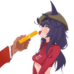 Rule 34 | 1girl, 1other, ahoge, beret, blue eyes, blush, commander (girls&#039; frontline), commentary request, cropped shirt, girls&#039; frontline, girls&#039; frontline 2: exilium, gold bar, green hat, hat, highres, korean commentary, ksenia (girls&#039; frontline 2), loose hair strand, open mouth, red shirt, shirt, solo focus, stechkin (girls&#039; frontline), sweat, tongue, tongue out, upper body, white background, wwtkgg