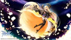 1girl aurora black_boots black_dress black_sleeves blonde_hair boots breasts closed_mouth copyright_notice crossed_bangs detached_sleeves dress expressionless glowing_flower high_heel_boots high_heels highres leona_(pixiv) lips logo long_hair looking_at_viewer medium_breasts official_art official_wallpaper petals ragnarok_online rigel_(ragnarok_online) short_dress showgirl_skirt skirt sky sleeveless sleeveless_dress solo star_(sky) starry_sky thigh_boots thigh_strap yellow_eyes yellow_skirt