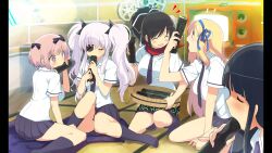 5girls :3 ^_^ absurdres asuka_(senran_kagura) black_hair black_ribbon blonde_hair blue_eyes blue_necktie blue_ribbon blue_skirt blue_socks blush breasts closed_eyes collar collared_shirt eating eyepatch film_reel food game_cg green_eyes hair_ornament hair_ribbon hanzou_academy_school_uniform hibari_(senran_kagura) highres holding ikaruga_(senran_kagura) katsuragi_(senran_kagura) kneehighs large_breasts long_hair multiple_girls necktie nibbling non-web_source official_art on_floor open_mouth pillarboxed pink_hair pleated_skirt pocket ponytail red_scarf ribbon scarf school_uniform senran_kagura senran_kagura_shoujo-tachi_no_shin&#039;ei shirt short_hair short_twintails shuriken skirt socks sushi symbol-shaped_pupils tatami television twintails weapon white_hair white_ribbon white_shirt yaegashi_nan yagyu_(senran_kagura)