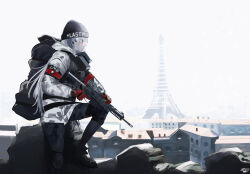 1girl absurdres assault_rifle bag black_boots black_hat black_pants blue_hair boots camouflage city clothes_writing commentary dated eiffel_tower english_commentary girls&#039;_frontline gloves green_eyes gun h&amp;k_hk416 hat highres hk416_(fang)_(girls&#039;_frontline) hk416_(girls&#039;_frontline) holding holding_weapon jacket kanoe_(kanoe502) last_man_battalion long_hair pants red_gloves revision rifle simple_background snow_camouflage solo tom_clancy&#039;s_the_division weapon white_jacket