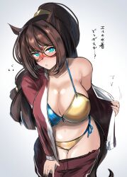 1girl :o absurdres alternate_breast_size animal_ears aqua_eyes bikini blush breasts bright_pupils brown_hair cleavage clothes_pull domino_mask ear_scrunchie el_condor_pasa_(umamusume) eye_mask flying_sweatdrops furrowed_brow highres horse_ears horse_girl horse_tail huge_breasts jacket kanikama25 leaning_forward long_hair long_sleeves looking_at_viewer mask navel nose_blush pants pants_pull parted_lips red_track_suit scrunchie side-tie_bikini_bottom solo stomach strap_gap sweat swimsuit swimsuit_under_clothes tail thigh_gap track_jacket track_pants track_suit translation_request umamusume undressing very_long_hair white_pupils
