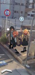 Rule 34 | ..., 1boy, 2girls, artoria caster (fate), artoria pendragon (fate), chain-link fence, contemporary, double v, fate/grand order, fate (series), fence, fujimaru ritsuka (female), google maps, google street view, high school girls posing for google street view (meme), meme, multiple girls, necktie, oberon (fate), pants, photo background, raised curb, road sign, school uniform, sidewalk, sign, skirt, smile, spoken ellipsis, standing, standing on one leg, tactile paving, v, yu0723