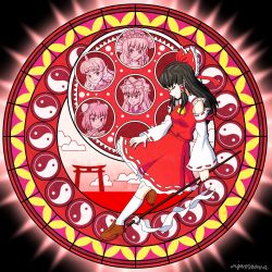 1girl ajamnova ascot bad_id bad_twitter_id bow brown_hair brown_shoes closed_eyes collar detached_sleeves dive_to_the_heart full_body glass gohei hair_bow hair_tubes hakurei_reimu highres ibaraki_kasen kingdom_hearts kirisame_marisa komano_aunn long_hair nontraditional_miko portrait_(object) red_bow red_shirt red_skirt red_theme ribbon-trimmed_sleeves ribbon_trim rose_window shirt shoes sidelocks skirt skirt_set sleeveless socks solo torii touhou white_collar white_socks yakumo_yukari yellow_ascot yin_yang