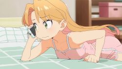 Rule 34 | 1girl, animated, animated gif, anime screenshot, bed, blonde hair, blush, breast press, breasts, camisole, cellphone, collarbone, dolphin shorts, green eyes, holding, holding phone, long hair, lying, on bed, on stomach, phone, pink camisole, ruri no houseki, shorts, sleeveless, small breasts, smartphone, tanigawa ruri