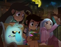 1boy 3girls amphibia andrea_davenport bench bleedman blue_hair blue_vest boots bracelet brown_hair calamity_box cellphone closed_mouth crossed_legs crossover full_moon gem ghost green_eyes green_sweater highres holding holding_phone hood hoodie jewelry libby_stein-torres light_blue_hair light_frown long_hair molly_mcgee moon multicolored_hair multiple_girls nervous night night_sky on_bench outdoors park_bench phone pink_hoodie ponytail purple_skirt scratch_(the_ghost_and_molly_mcgee) selfie shirt sidelocks skirt sky smartphone smile streaked_hair sweater t-shirt the_ghost_and_molly_mcgee turtleneck turtleneck_sweater vest white_footwear yellow_eyes