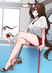 2girls animal_ears breasts broom brown_hair character_request closed_mouth hayabusa_(vert_320) highres horse_ears horse_girl horse_tail large_breasts long_hair looking_at_viewer multiple_girls ponytail red_eyes red_shorts running shirt short_shorts short_sleeves shorts sitting smile solo_focus tail thighs umamusume whistle whistle_around_neck white_hair white_shirt