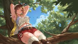 Rule 34 | 1girl, absurdres, armpits, arms behind back, artist name, atelier (series), atelier ryza, atelier ryza 1, beret, blue sky, boots, breasts, brown eyes, brown hair, commentary, english commentary, hair ornament, hairclip, hat, highres, in tree, itzah, jacket, jewelry, large breasts, leather belt, looking at viewer, midriff, navel, necklace, outdoors, pixel art, red shorts, reisalin stout, short hair, short shorts, shorts, sitting, sitting in tree, sky, sleeveless, sleeveless jacket, smile, solo, star (symbol), star necklace, sweat, thigh boots, thighhighs, thighhighs under boots, tree, watermark, white hat, white thighhighs, yellow jacket