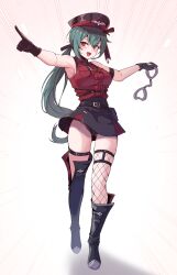 Rule 34 | 1girl, absurdres, arm strap, armpits, asymmetrical footwear, asymmetrical legwear, bare shoulders, belt, bianca (black survival), bianca (prison guard) (black survival), black belt, black boots, black gloves, black hat, black panties, black skirt, black survival, blush, boots, breast pocket, collared shirt, cross-shaped pupils, cuffs, dangling, eternal return: black survival, fang, fishnet thighhighs, fishnets, frills, full body, gloves, green eyes, handcuffs, hat, highres, holding, holding handcuffs, knee boots, long hair, looking at viewer, necktie, official alternate costume, open mouth, panties, pantyshot, peaked cap, pocket, pointing, ponytail, red eyes, red shirt, shirt, short necktie, single knee boot, single thigh boot, singwee, skirt, sleeveless, sleeveless shirt, solo, standing, symbol-shaped pupils, thigh boots, thighhighs, underwear, upskirt