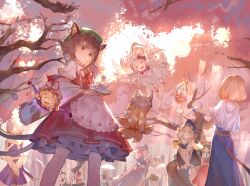 6+girls absurdres adapted_costume alice_margatroid animal_ear_fluff animal_ear_piercing animal_ears arm_up blonde_hair bow brown_hair cat_ears cat_tail chen day earrings feet_out_of_frame fox_ears fox_tail from_below gap_(touhou) hair_bow hakurei_reimu hat highres holding holding_umbrella izayoi_sakuya jewelry juliet_sleeves kirisame_marisa konpaku_youmu konpaku_youmu_(ghost) letty_whiterock lily_white long_sleeves lunasa_prismriver lyrica_prismriver merlin_prismriver mob_cap multiple_girls multiple_tails nail_polish nekomata outdoors perfect_cherry_blossom puffy_sleeves red_eyes red_nails remilia_scarlet saigyouji_yuyuko short_hair single_earring tail teapot touhou tree two_tails umbrella wb_yimo wide_sleeves witch_hat yakumo_ran yakumo_yukari
