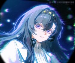 1girl arcticwhereami arknights barcode black_hair black_hairband coat commentary diamond-shaped_pupils diamond_(shape) english_commentary expressionless hair_intakes hairband long_hair looking_at_viewer parted_lips priestess_(arknights) purple_eyes solo sweater symbol-shaped_pupils teeth turtleneck turtleneck_sweater upper_body white_coat white_sweater