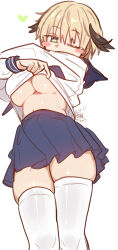 1girl absurdres alternate_breast_size blonde_hair blue_sailor_collar blue_skirt blush blush_stickers breasts clothes_lift ebora fate/grand_order fate_(series) gareth_(fate) green_eyes hair_flaps highres large_breasts long_sleeves looking_at_viewer navel non-web_source one_eye_closed sailor_collar shirt skirt solo thighhighs thighs underboob white_shirt white_thighhighs
