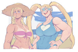 2girls 7_passes bikini blonde_hair blue_one-piece_swimsuit braid breasts cammy_white cleavage eye_mask front-tie_bikini_top front-tie_top happy hat heart heart_print large_breasts low_twin_braids mask michel_teru multiple_girls muscular muscular_female official_alternate_costume one-piece_swimsuit open_mouth pink_bikini rainbow_mika scar scar_on_face strapless strapless_bikini straw_hat street_fighter street_fighter_6 street_fighter_v swimsuit tan tanline twin_braids twintails
