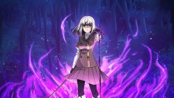 Rule 34 | 1girl, aura, black gloves, black hair, black pantyhose, blunt bangs, boots, breasts, brown jacket, brown skirt, buttons, closed mouth, collared shirt, colored tips, double-breasted, forest, game cg, gloves, holding, holding sword, holding weapon, jacket, katana, liquid, long sleeves, looking at viewer, medium breasts, medium hair, multicolored hair, nature, non-web source, origami family&#039;s elite guard uniform, pantyhose, pleated skirt, satsuki yomi, shaded face, shirt, skirt, solo, standing, striped clothes, striped shirt, sword, toji no miko, toji no miko: kizamishi issen no tomoshibi, tree, weapon, white hair, white shirt
