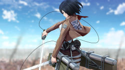 1girl day dual_wielding female_focus highres holding holding_sword holding_weapon mikasa_ackerman ninnzinn outdoors shingeki_no_kyojin solo sword three-dimensional_maneuver_gear weapon