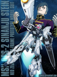 1boy aiming ammotu black_hair character_name commentary earrings english_commentary glowing glowing_eyes grin gundam gundam_narrative heterochromia jewelry lens_flare looking_to_the_side machinery mecha military_uniform mobile_suit nebula neo_zeon photoshop_(medium) red_eyes robot scar scar_on_face science_fiction sinanju_stein smile space star_(sky) thrusters zero_gravity zoltan_akkanen