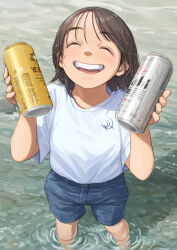 1girl asahi_breweries beer_can black_hair can closed_eyes day drink_can grin holding holding_can honest_axe original otsu_natsu outdoors parody shorts smile solo wading yebisu
