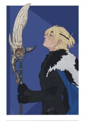 1boy areadbhar_(fire_emblem) armor black_armor black_fur black_gloves blonde_hair blue_cape blue_eyes border breastplate cape closed_mouth cropped_legs dimitri_alexandre_blaiddyd dimitri_alexandre_blaiddyd_(timeskip) eyepatch faulds fire_emblem fire_emblem:_three_houses from_side frown fxyrinart gloves head_back highres holding holding_polearm holding_weapon male_focus nintendo polearm ponytail profile short_ponytail solo weapon white_border white_fur