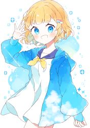 1girl abstract_background absurdres arm_at_side blonde_hair blue_cardigan blue_eyes blue_sailor_collar blush cardigan choppy_bangs cloud_hair_ornament commentary_request cowboy_shot crescent diffraction_spikes dress hand_up happy highres hood hooded_cardigan long_sleeves looking_at_viewer napo_(napo_illust) neckerchief open_cardigan open_clothes open_mouth original palms puffy_long_sleeves puffy_sleeves pyramid_(geometry) rainbow_hair_ornament sailor_collar sailor_dress school_uniform short_dress short_hair sidelocks smile solo spread_fingers star_(symbol) walking waving white_background white_dress yellow_neckerchief