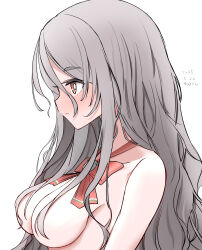 1girl bow bowtie breasts brown_eyes dated grey_hair hair_censor highres kantai_collection large_breasts long_hair messy_hair nude one-hour_drawing_challenge pola_(kancolle) profile red_bow red_bowtie simple_background solo twitter_username upper_body wada-kun wavy_hair white_background